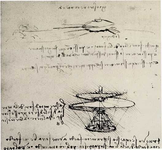 Skizze der Antennenschraube von da Vinci - wie alle seine Notizen in
Spiegelschrift festgehalten