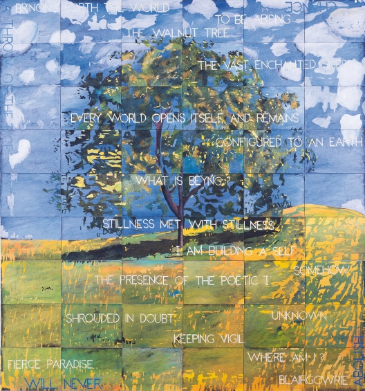 „Fierce paradise“ (wildes Paradies) Imants Tillers, 2021,
Synthetisches Polymer Farbe und Gouache auf 54 Paneelen